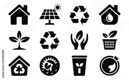 Black silhouette icons of home solar energy and eco friendly concepts on white background