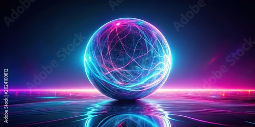A luminous orb of vibrant energy rests serenely on a reflective surface, its ethereal glow casting a mesmerizing reflection against the backdrop of a neon-lit horizon.