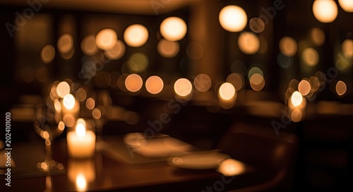 Warm golden bokeh lights from candles in a dimly lit romantic restaurant at night.