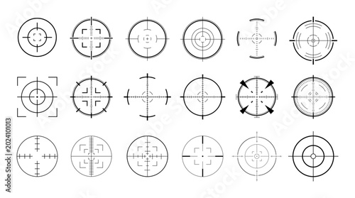Collection of futuristic crosshair reticle symbols, circular sniper scope targets, HUD aiming interface, radar sight icons and tactical aim marks for gaming overlay, military UI, vector illustration