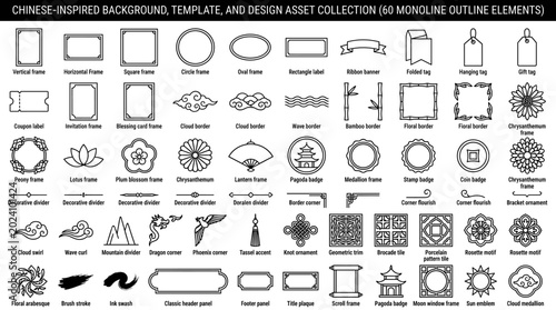Chinese inspired travel and design outline icon set with lanterns, temples, clouds, borders, badges, frames, ornaments and monochrome decorative elements