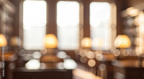 Abstract Defocused Interior Scene with Warm Bokeh Lights and Bright Windows.