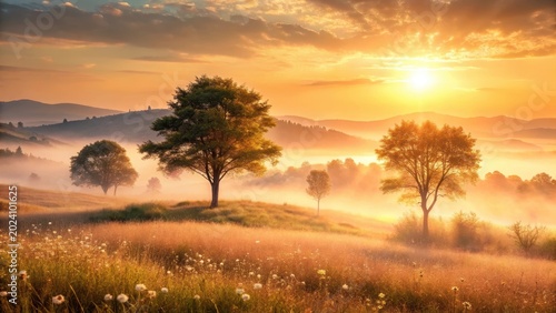 Golden Sunrise Illuminates Misty Meadow with Solitary Trees and Wildflowers