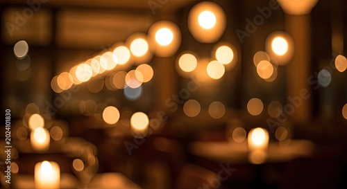 Atmospheric blurred background of a cozy restaurant with warm golden bokeh lights.