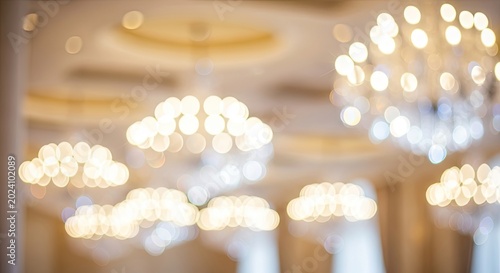 Abstract blurred background of elegant chandeliers in a luxurious ballroom.