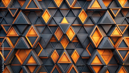 Abstract Geometric Pattern of Interlocking Triangles and Rhombuses in Shades of Black and Orange