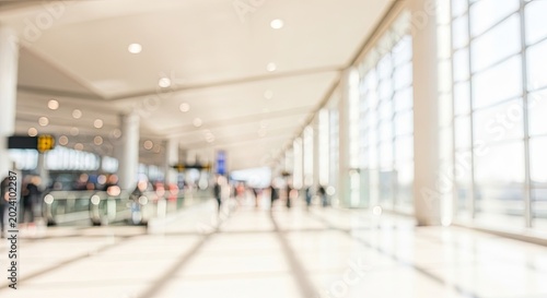 Blurred abstract background of a modern airport terminal hall with people.
