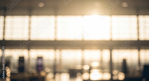 Abstract blurred background of a modern interior with bright sunlight streaming through large windows.