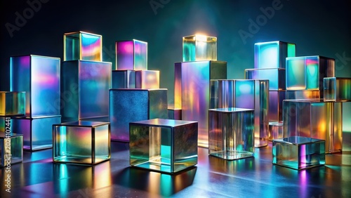 Abstract iridescent glass cubes reflecting light on a dark surface