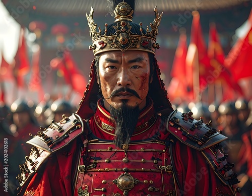 Ancient Chinese warrior in red armor.