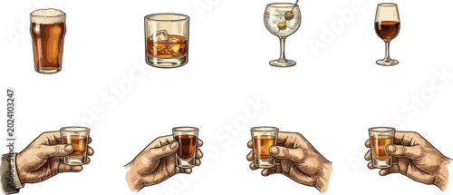 Foto Alcohol Drink and Hand Toast Icon Set Featuring Beer, Whiskey, Brandy, and Cockt
