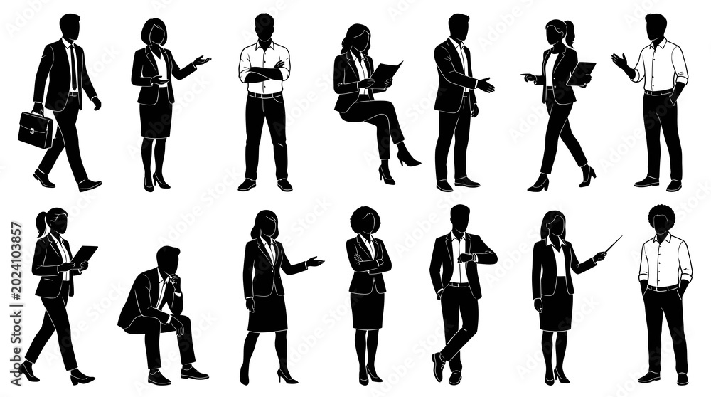Fototapeta premium Black White Silhouettes of Business People in Professional Attire, Vector Stock