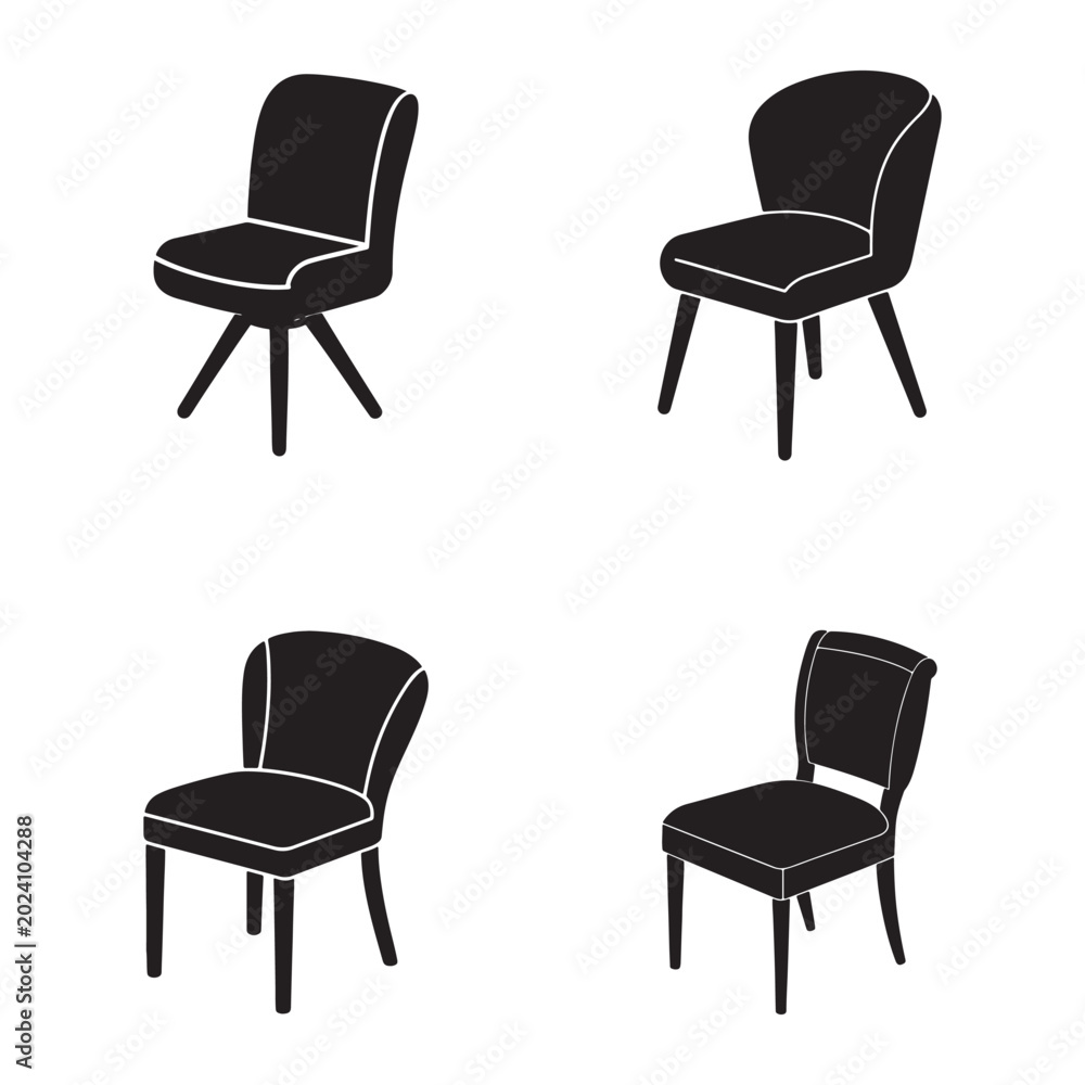 Obraz premium Four black chairs with white outlines in different positions and angles for furniture design and interior decoration concepts
