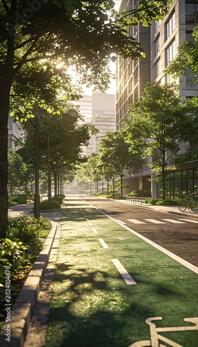 Urban bike lane green city sustainable transport at sunrise light with modern architecture tree lined street eco friendly design for global warming awareness and empty bicycle path downtown