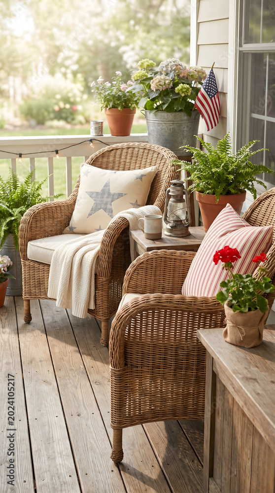 Fototapeta premium Cozy porch patio, wicker furniture, outdoor decor, summer living, garden