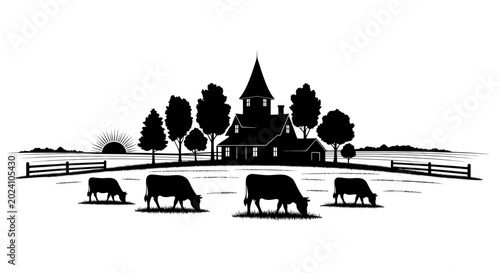 Konstfotografi Rural Farm Landscape Silhouette with Cows and Barn at Sunrise