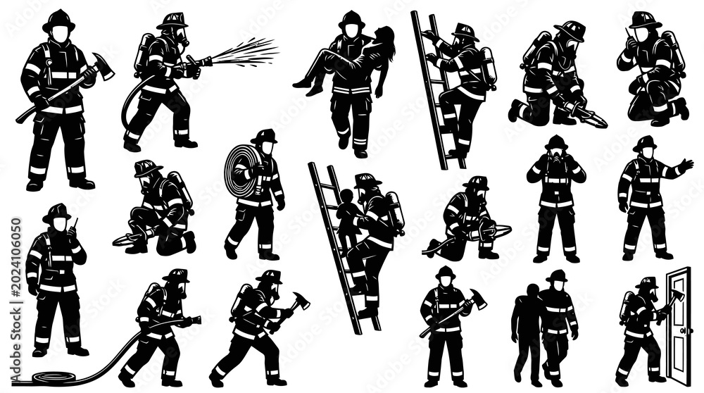 Fototapeta premium Black and White Firefighter Silhouettes: Heroes in Action, Vector Set