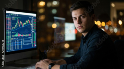 Soft focus blurred photo of Young man looking at financial stock market charts and data on a computer screen in a dark office at night