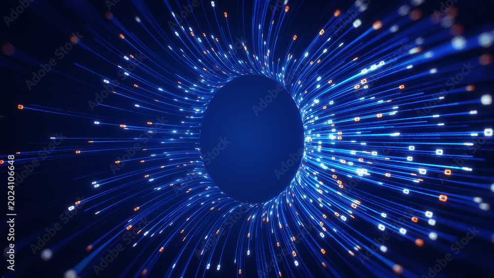 Fototapeta premium Abstract technology background featuring a glowing big data tunnel with flowing digital signals, representing AI networks, high speed data transfer, cloud computing, and futuristic communication syste