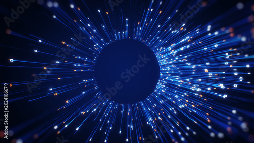 Abstract technology background featuring a glowing big data tunnel with flowing digital signals, representing AI networks, high speed data transfer, cloud computing, and futuristic communication syste