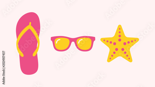 Bilde på lerret Minimalist flat vector illustration of summer vacation items including pink sandals, yellow sunglasses, and a sea starfish