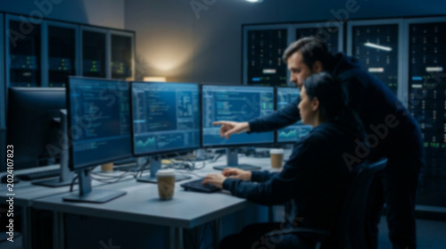 Soft focus blurred photo of Software developers working on computer code together in a dark office at night looking at multiple monitors displaying complex data and programming scripts