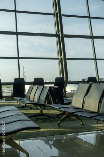 Empty seating in departure area of the Soekarno–Hatta International Airport CGK, in Jakarta, Indonesia