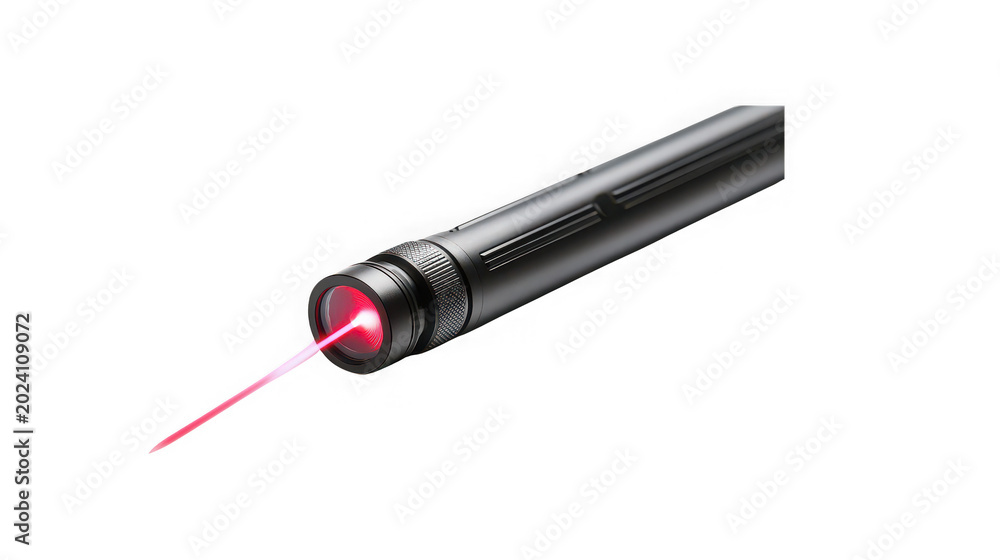 Fototapeta premium Black laser pointer emitting a red beam on transparent background