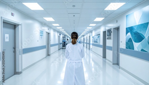 Doctor walking down hospital corridor.
