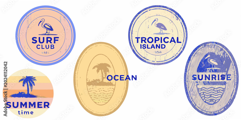 Obraz premium Retro surf badges set tropical island and ocean themed designs