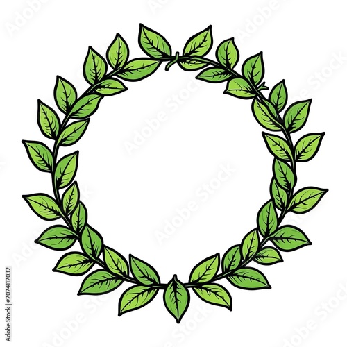 Hand-drawn vector illustration of laurel leaves surrounding a circular frame with black outline, foliage, hand drawn