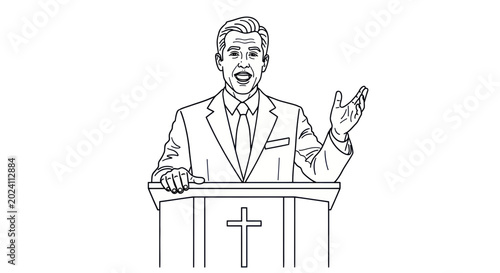 Tableau sur toile Man Preaching at Pulpit with Cross Symbol
