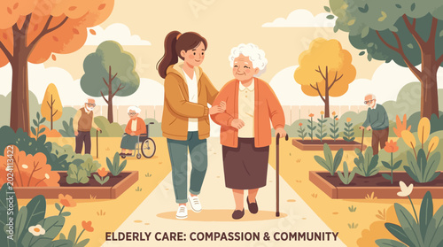 Volunteer helping elderly woman walking in park vector illustration