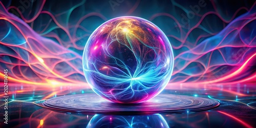 A luminous orb, pulsating with vibrant energy, rests on a swirling platform, surrounded by a dynamic field of iridescent light streams.