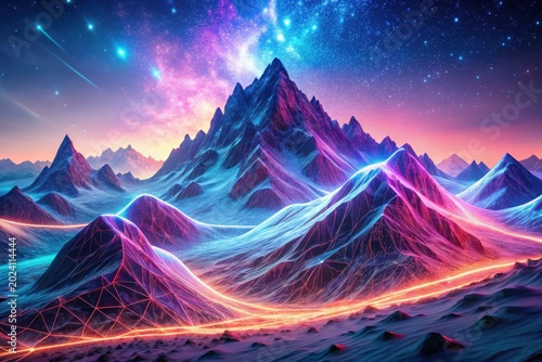 Cosmic Peaks A Vibrant Landscape of Illuminated Mountains Under a Starry Sky
