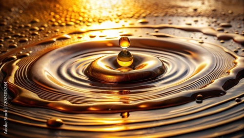 Golden Liquid Drop Impacting Surface Creating Concentric Rings of Light and Shadow