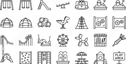 Bild auf Leinwand Playground Equipment and Amusement Park Attractions Line Icon Set
