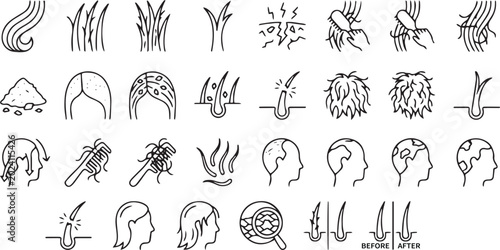 Принти на полотні Hair Loss Alopecia Symptoms and Scalp Care Line Icon Set