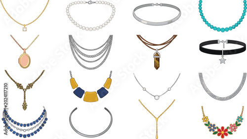 Photos Necklace Collection Vector Illustration Featuring Pearl Pendant Choker Beaded an