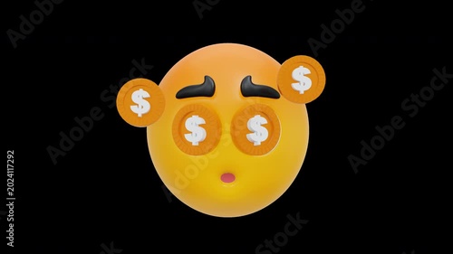 3D Money Face Emoji Animation with Dollar Sign Eyes and Floating Coins