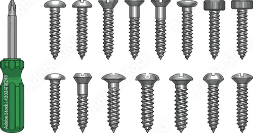Fotografía Screw and Screwdriver Collection Vector Illustration Featuring Metal Fasteners P