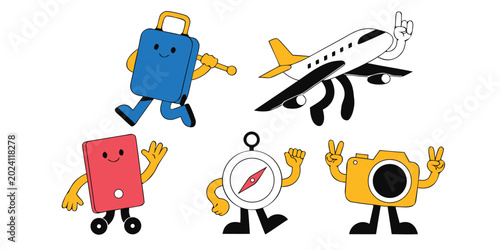 Bild auf Leinwand Travel accessories characters featuring suitcase airplane passport compass and c