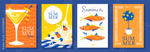 Set of summer Italian posters or covers with limoncello cocktail, pasta, tomatoes, fish, lemons and lemon tree. Menu design. Vector illustration