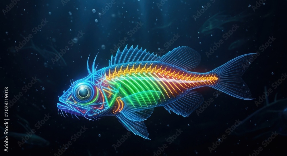 Fototapeta premium Glowing neon fish skeleton underwater.