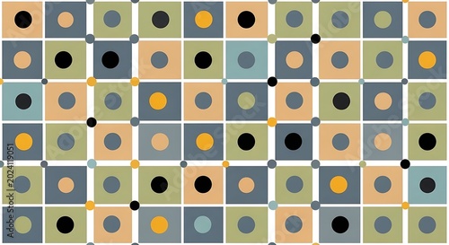 A colorful, intricate grid pattern with squares, circles, and dots in various hues and sizes.