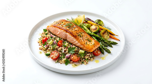 Delicious and healthy grilled salmon with quinoa and roasted vegetables served on a white plate with a lemon wedge