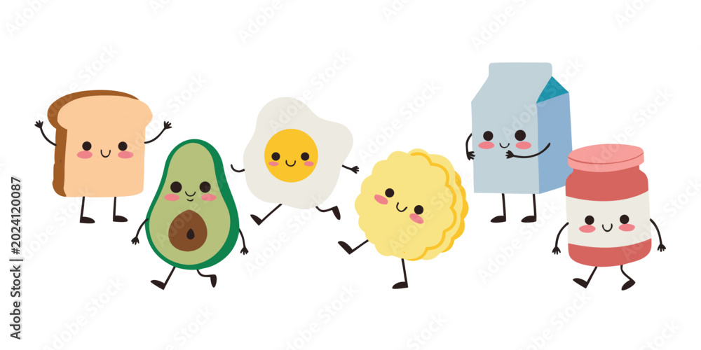 Fototapeta premium Cute and cheerful breakfast food characters smiling and jumping on white background