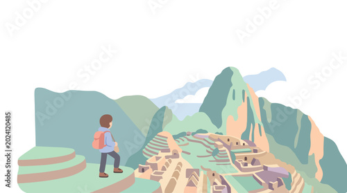 Fotografie Hiker with backpack overlooking ancient mountain terraces and ruins