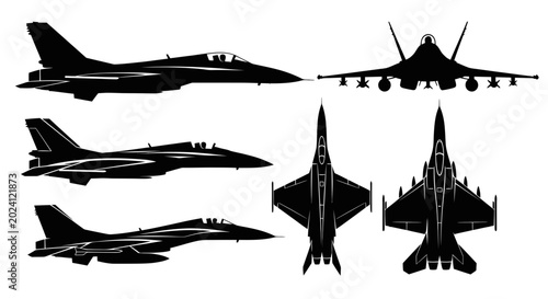 Canvastavla Silhouette Fighter Jets Collection: Side, Top, and Front Views