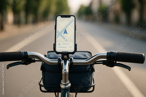 Smartphone displaying navigation map on bicycle handlebars for urban cycling and eco-friendly city travel